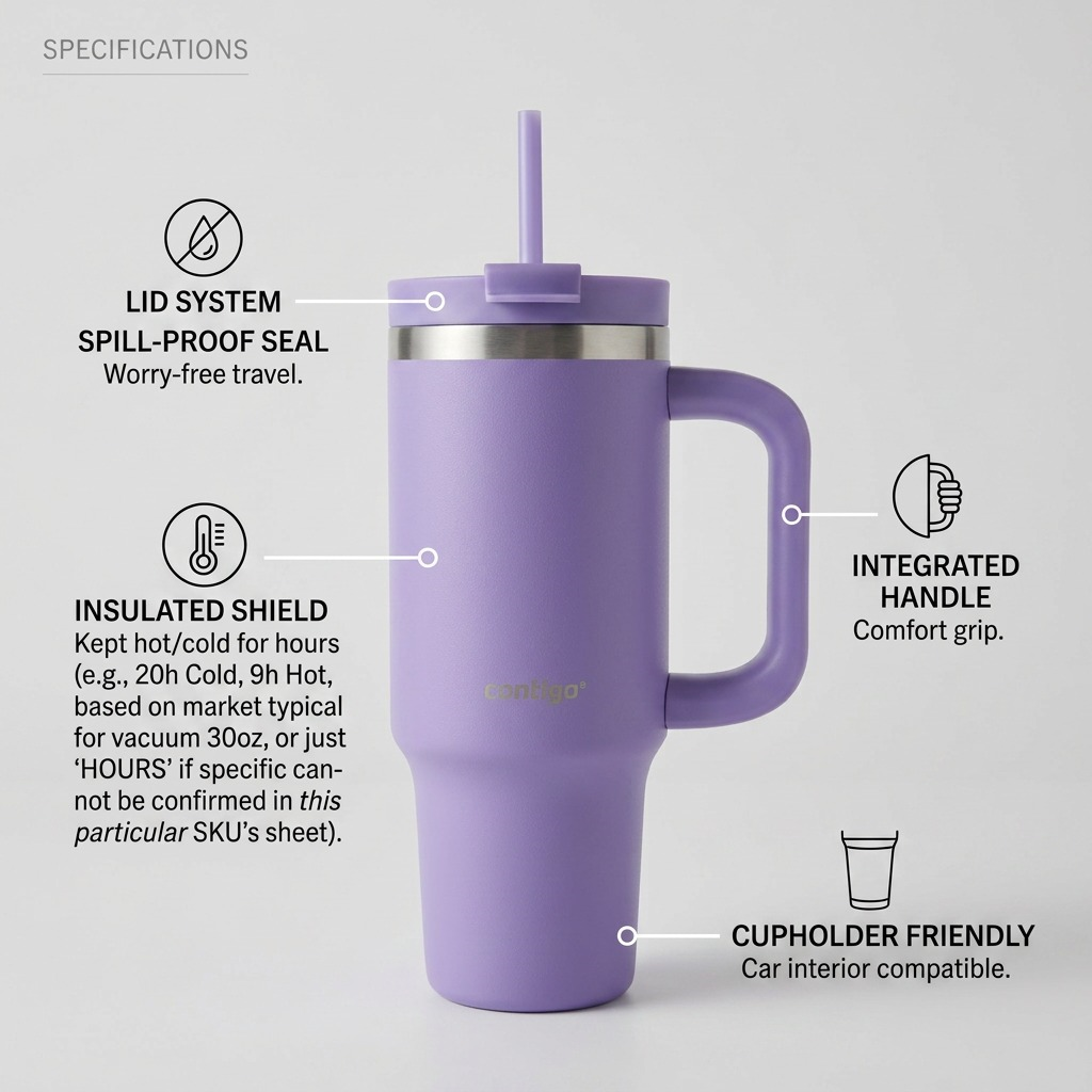 Contigo Streeterville – Gobelet antifuite 30 oz (887 ml), Space Lilac — infographie des caractéristiques, réf. 2221418
