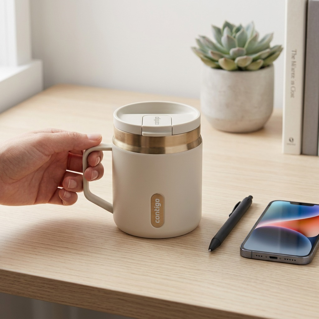 Contigo 14oz SnapSeal Travel Mug in Oatmilk finish with gold PVD band, handle, and leak-proof lid.