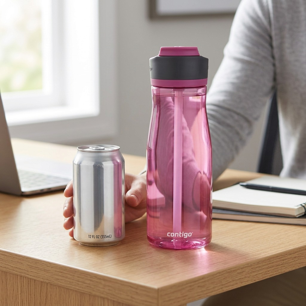 Contigo 32 oz Autospout Ashland 2.0 water bottle in Azalea and grey with a pure white background.