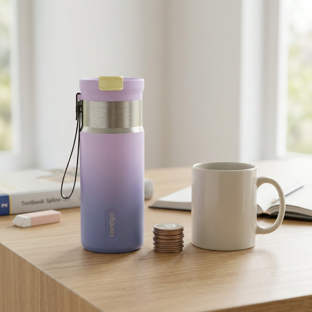 A high-resolution hero shot of the Contigo Tween Dual Sip Ombre bottle in Lilac Pulse on a pure white background. The full length of the purple-to-blue gradient bottle is in focus, with the strap attached and the 'contigo' logo visible.
