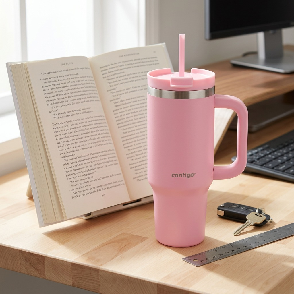Contigo Streeterville 30oz Straw Tumbler in Strawberry Cream pink with handle and lid.