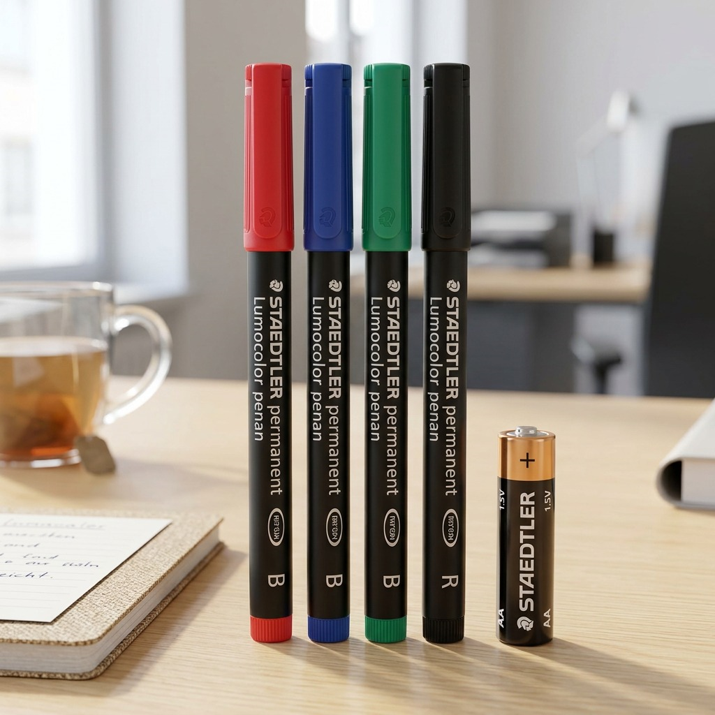 A pristine, high-resolution product shot of the STAEDTLER Lumocolor permanent B 4-pack pen set.