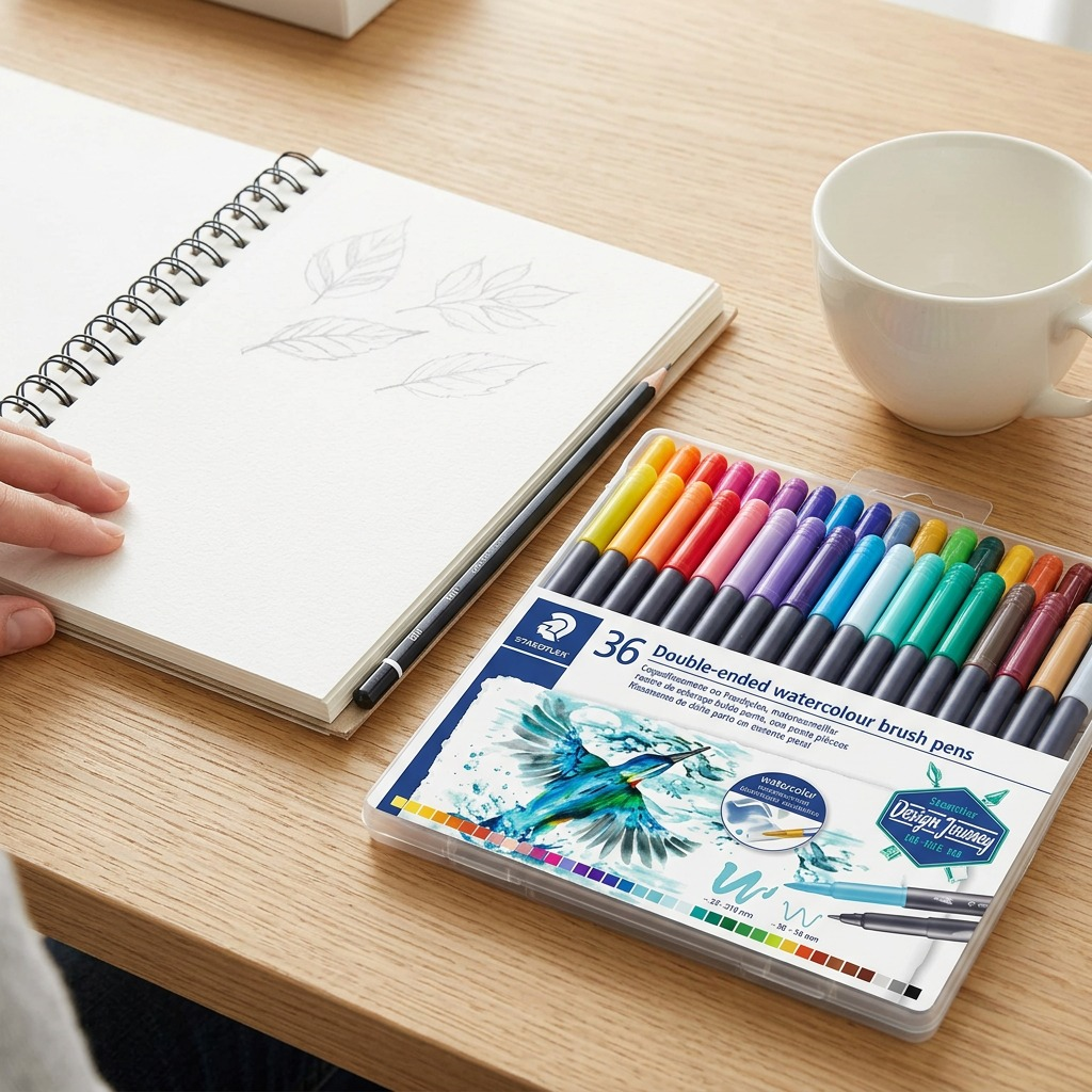 Set of 36 STAEDTLER Double-Ended Watercolour Brush Pens, shown as pens only, arranged in a rainbow sequence on a pure white background.