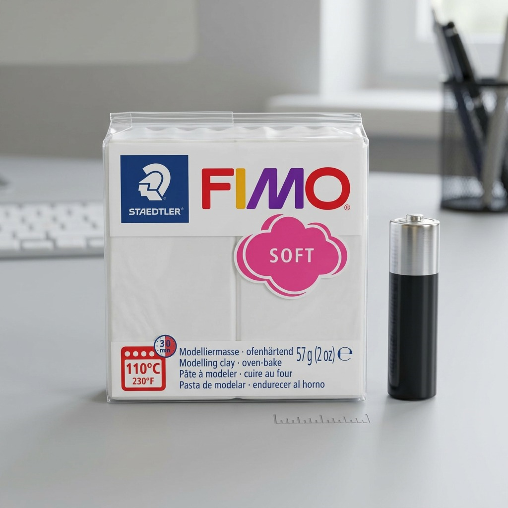 A single 57g bar of white Staedtler FIMO Soft polymer modelling clay, centered against a seamless white background.