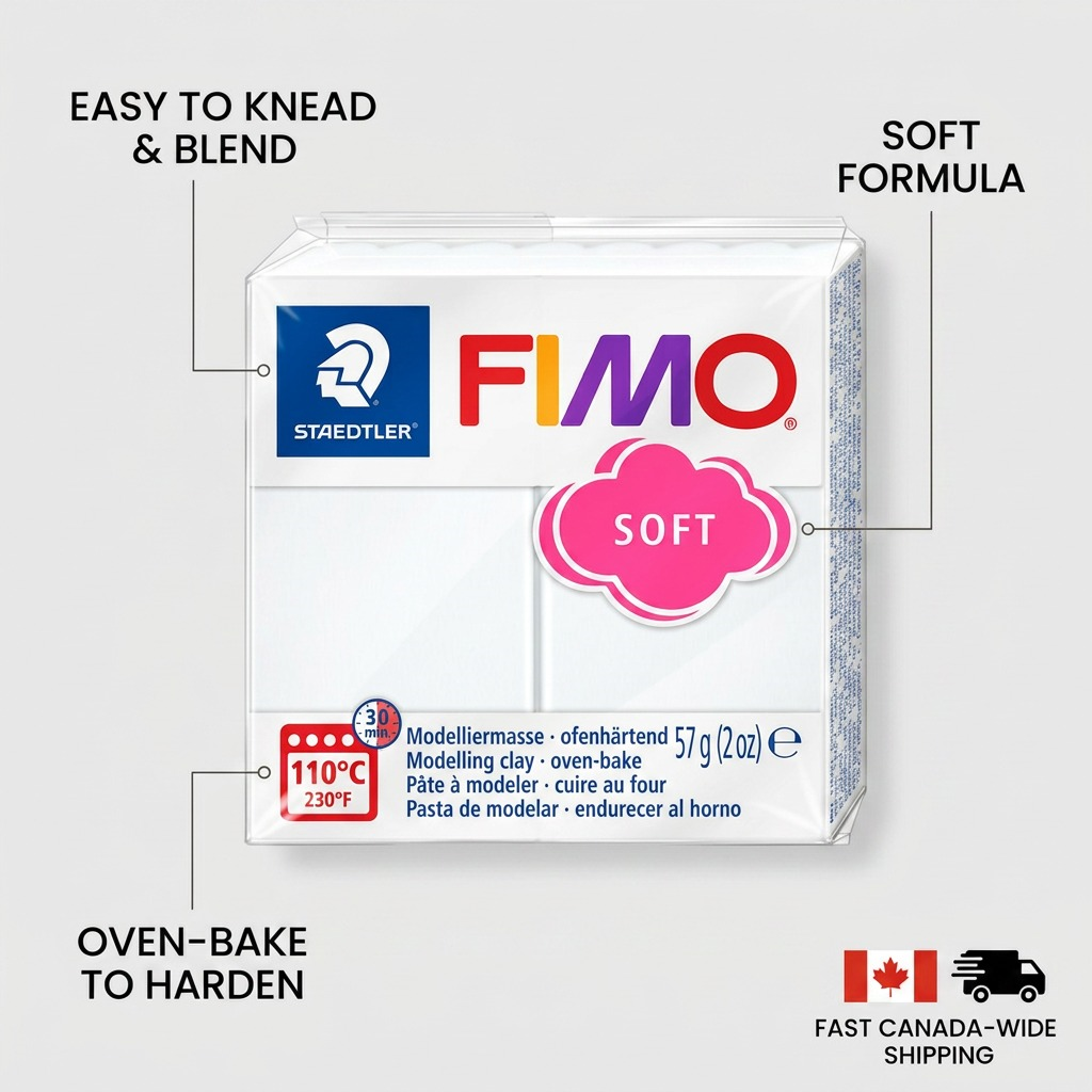 FIMO Soft – Pâte blanche 57 g, réf. 8020-0 — caractéristiques illustrées