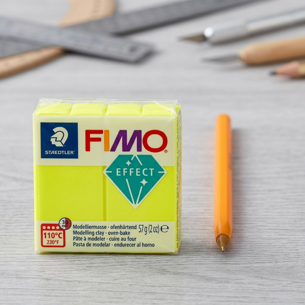 FIMO Effect Neon Yellow block with STAEDTLER logo and effect diamond, high-res hero shot.
