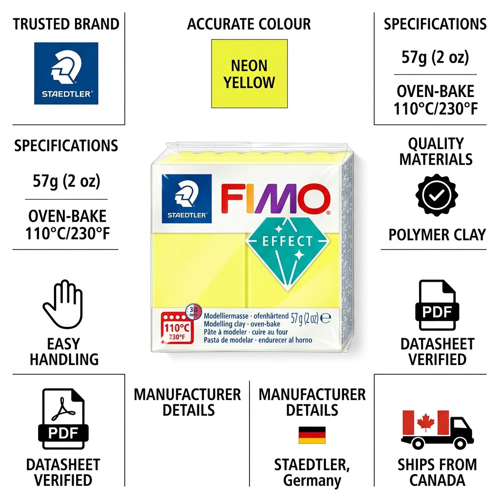 FIMO Effect Neon – Pâte jaune néon 57 g, réf. 8010-101 — caractéristiques illustrées