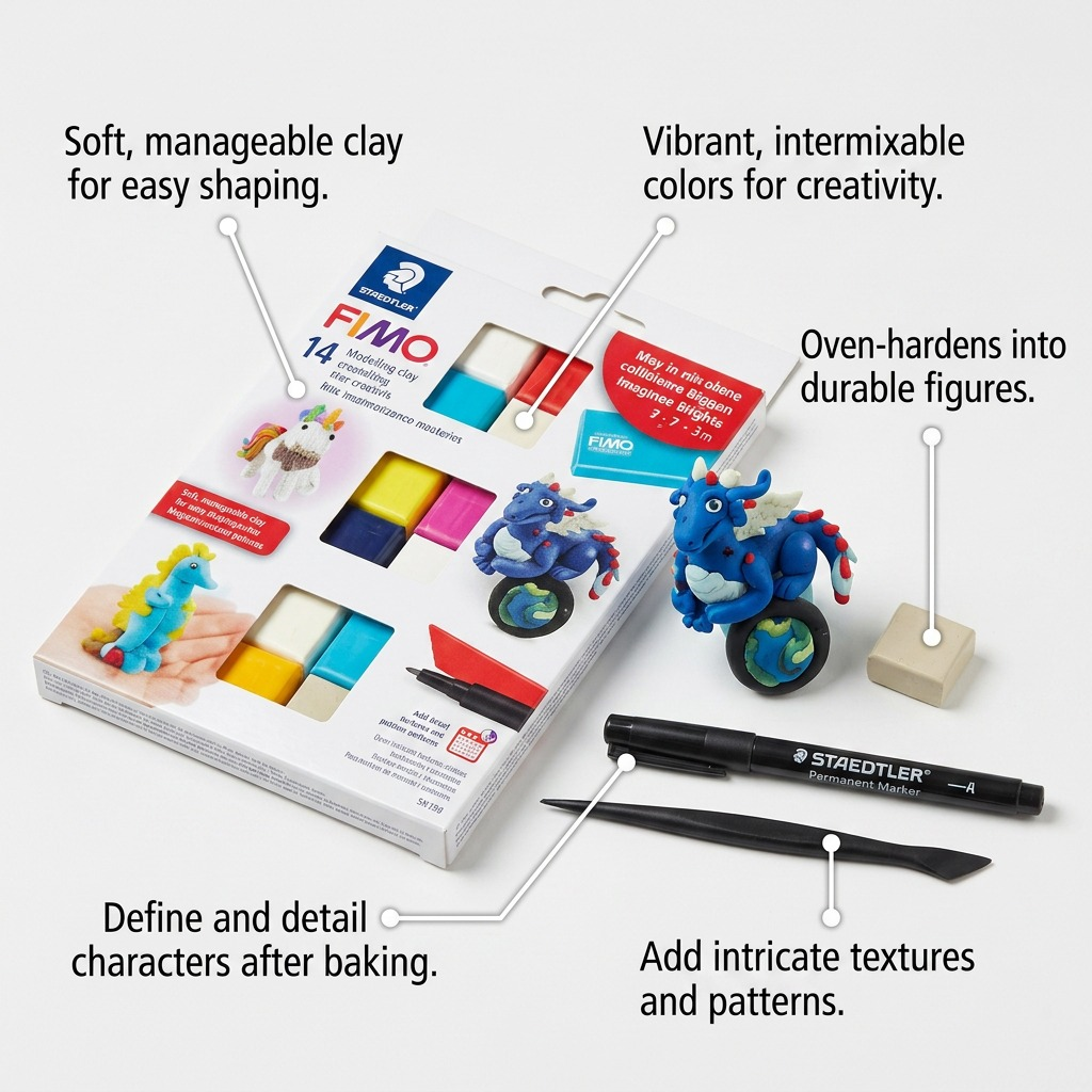 FIMO Soft Magical Creatures (Créatures magiques) – Coffret 12 couleurs avec marqueur et outil de modelage, réf. 8023-C14-M — caractéristiques illustrées