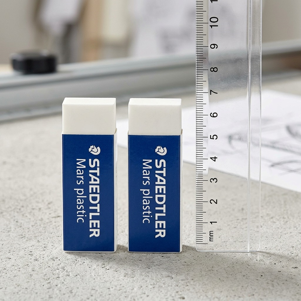 High-resolution hero shot of two STAEDTLER Mars N80 plastic erasers on a pure white background.