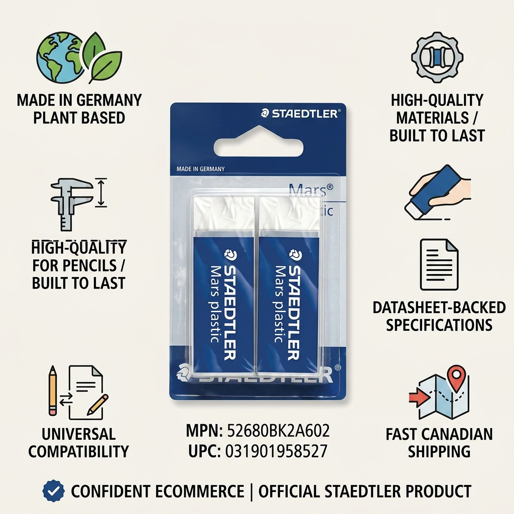 STAEDTLER Mars N80 – Lot de 2 gommes à base végétale, réf. 52680BK2A602 — caractéristiques illustrées