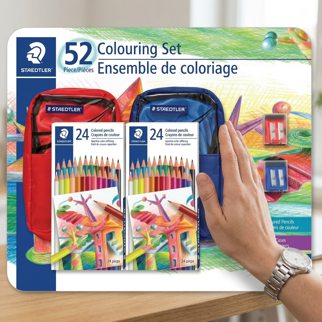 STAEDTLER 52-piece coloring set hero shot, showing red and blue cases, 48 pencils, and 2 sharpeners, on white background.