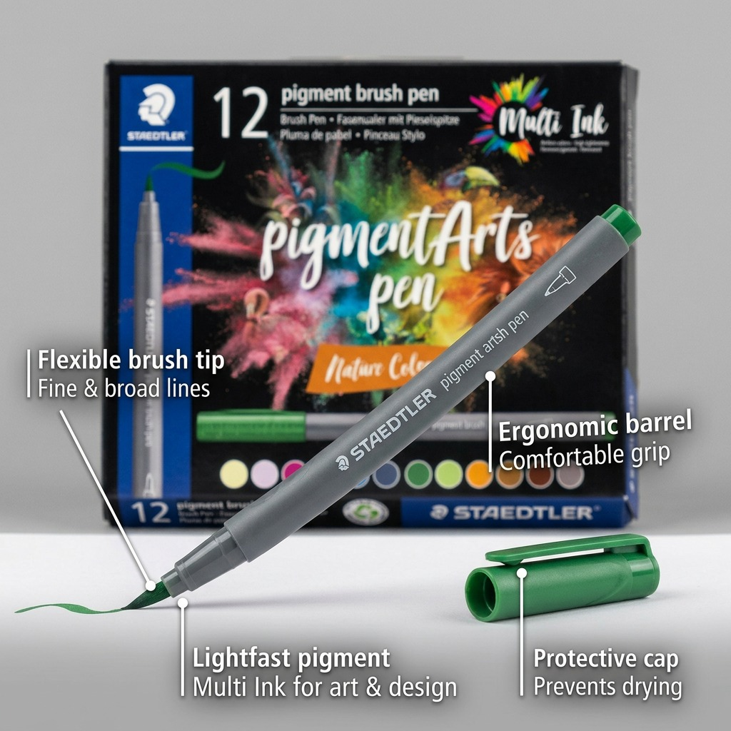 STAEDTLER Pigment Arts Brush – Lot de 12 couleurs nature, réf. 371-C12-3-10-35 — présentation des caractéristiques