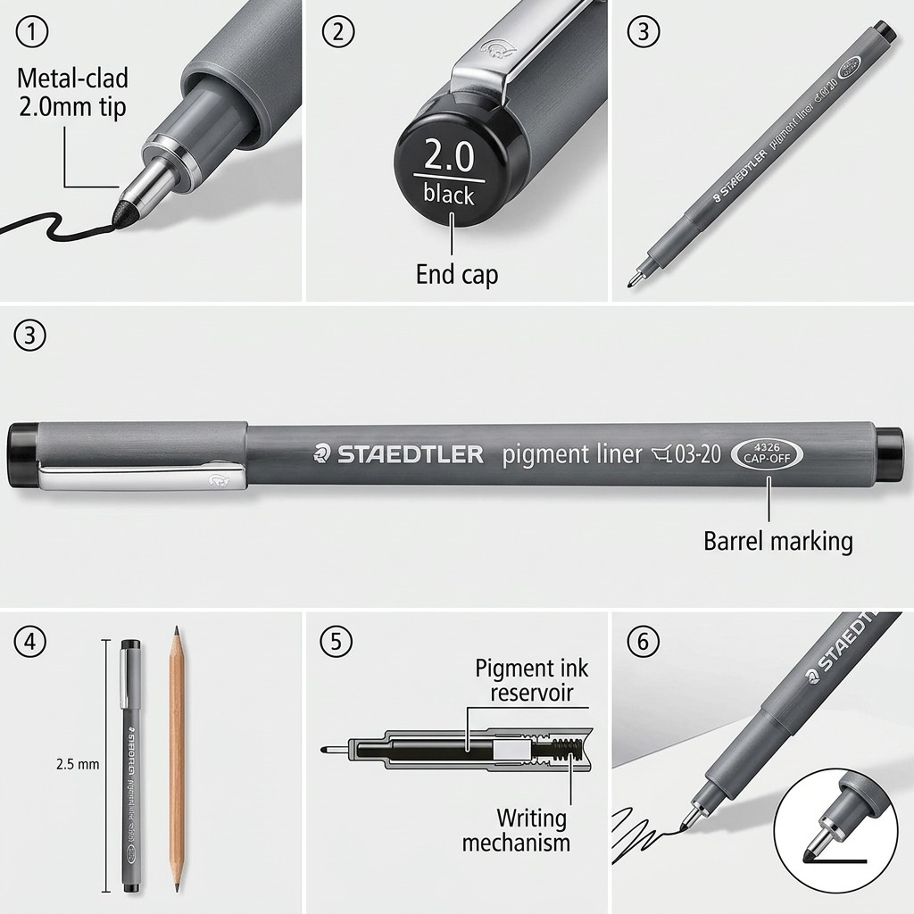 A crisp, centered ecommerce hero shot of the STAEDTLER Fineliner 2.0mm black pen on a pure white background.