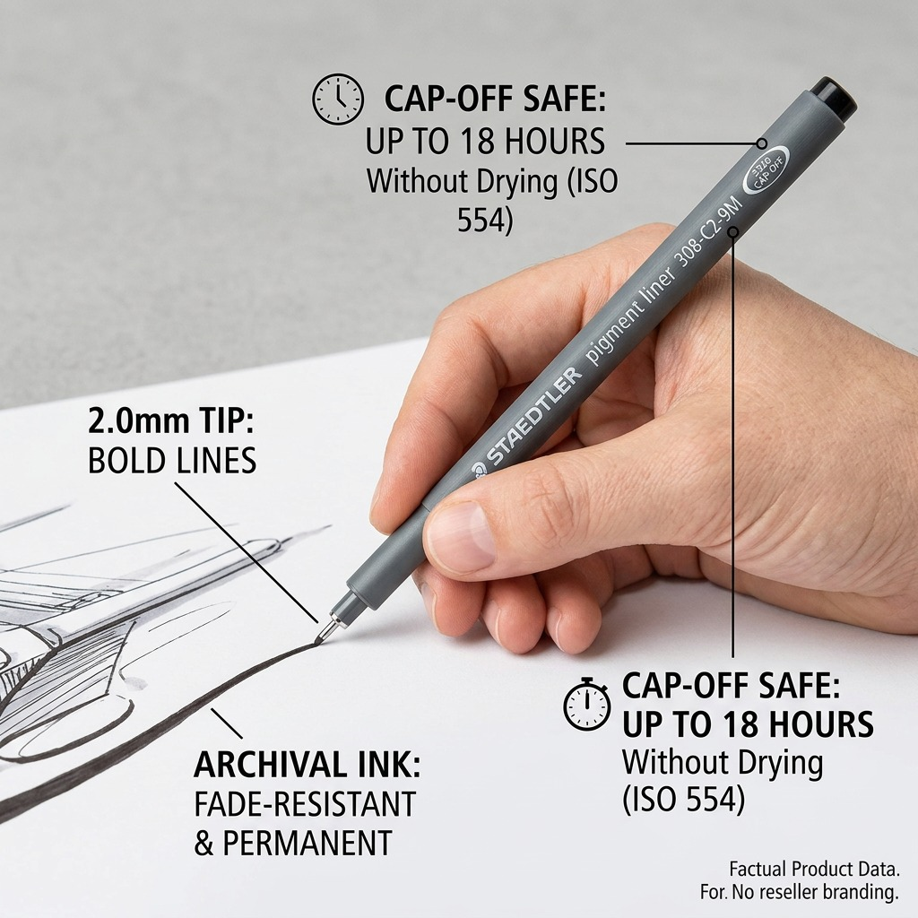STAEDTLER Pigment Liner – Fineliner noir 2,0 mm, réf. 308-C2-9M — vue du produit sur fond clair