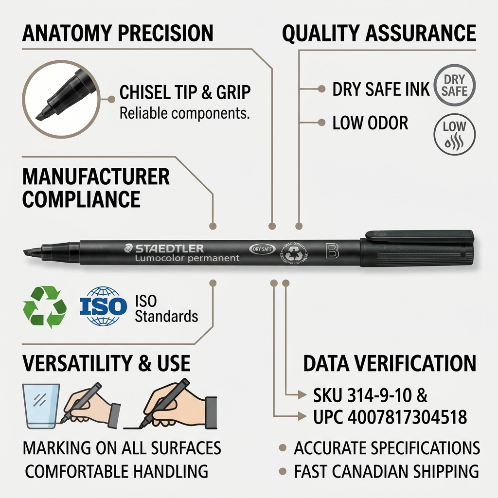STAEDTLER Lumocolor – Marqueur permanent noir large, réf. 314-9-10 — gros plan des détails