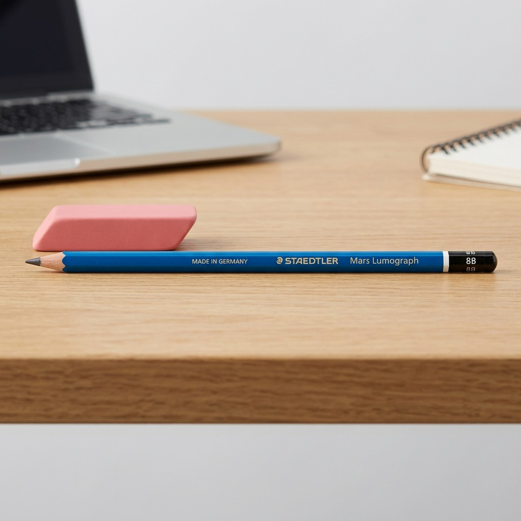 A high-resolution, centered view of the STAEDTLER Mars Lumograph 8B graphite pencil from image_0.png, resting horizontally on a pure white background with a clean shadow. The blue body, sharp point, black and silver cap, and all detailed silver markings, including the logo and '8B' grade, are clearly visible.