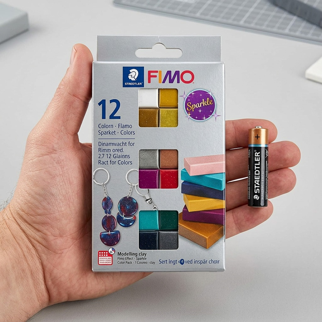 A crisp, front-on hero photograph of the STAEDTLER Fimo Effect Sparkle 12-Color Modeliing Clay Set.
