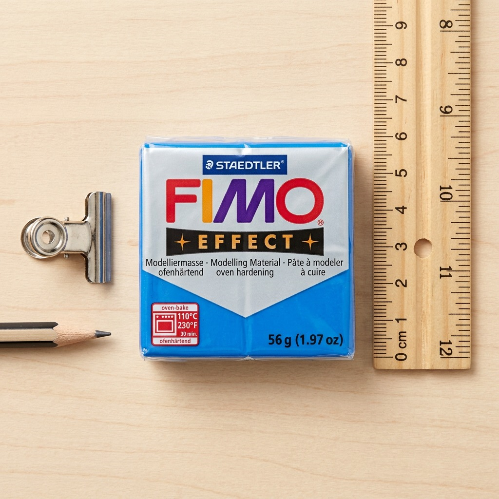 High-resolution hero shot of STAEDTLER Fimo Effect Blue polymer clay block on a white background.