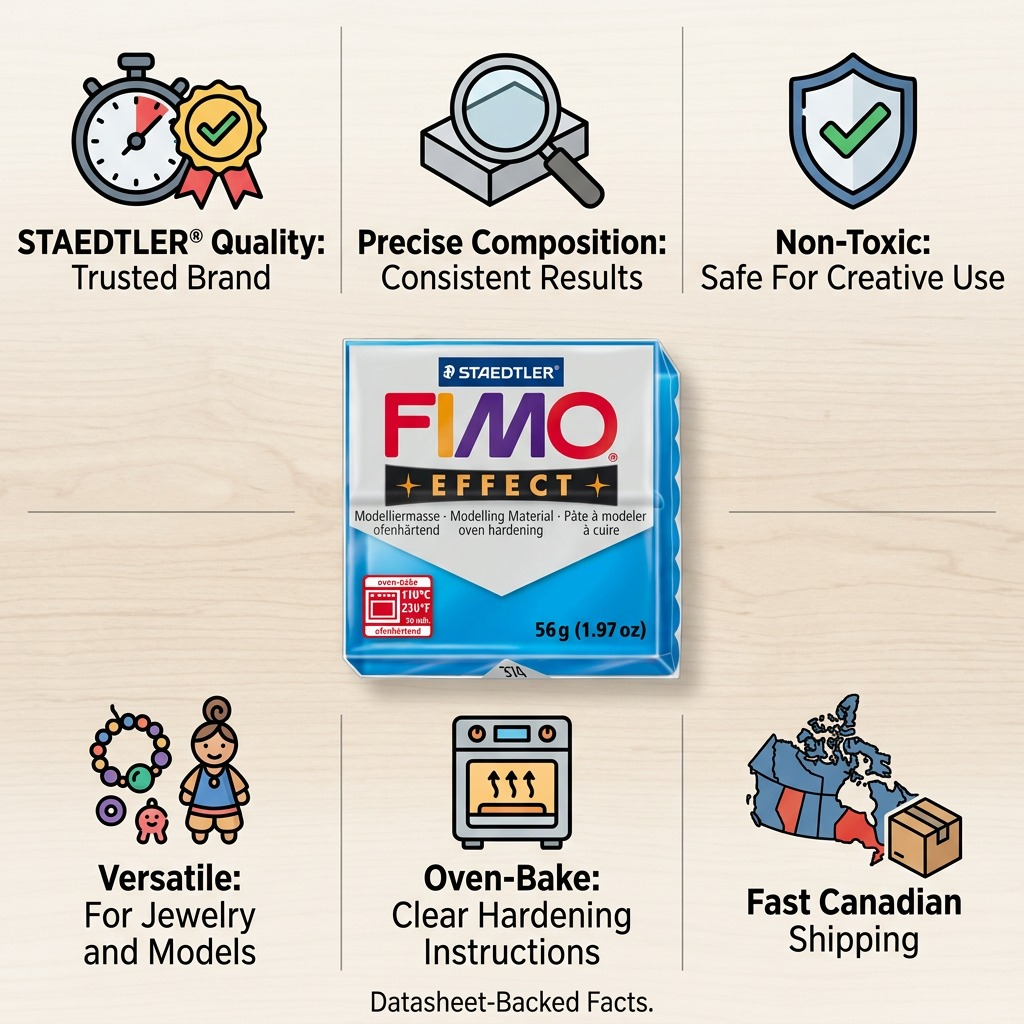 FIMO Effect – Pâte bleue 57 g, réf. 8020-374 — caractéristiques illustrées