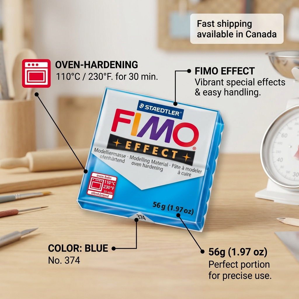 FIMO Effect – Pâte bleue 57 g, réf. 8020-374 — caractéristiques illustrées