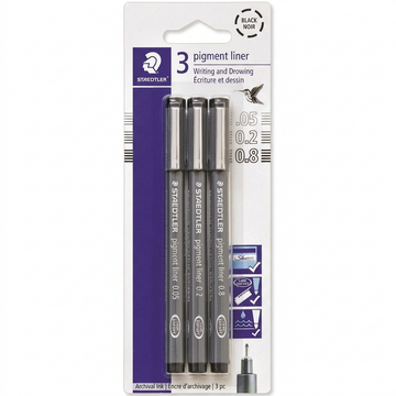 STAEDTLER Pigment Liner – 3 fineliners noirs à pointes assorties, réf. 308-9SBK3 — présentation de l’ensemble et de l’emballage
