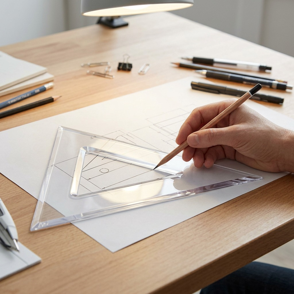 STAEDTLER – Équerre transparente 10 po, 30°/60°, réf. 964-10-60A02NA — vue en utilisation