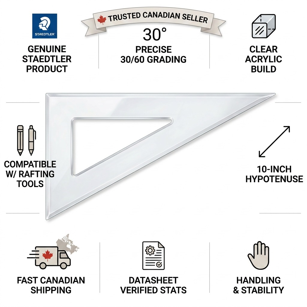 STAEDTLER – Équerre transparente 10 po, 30°/60°, réf. 964-10-60A02NA — caractéristiques illustrées