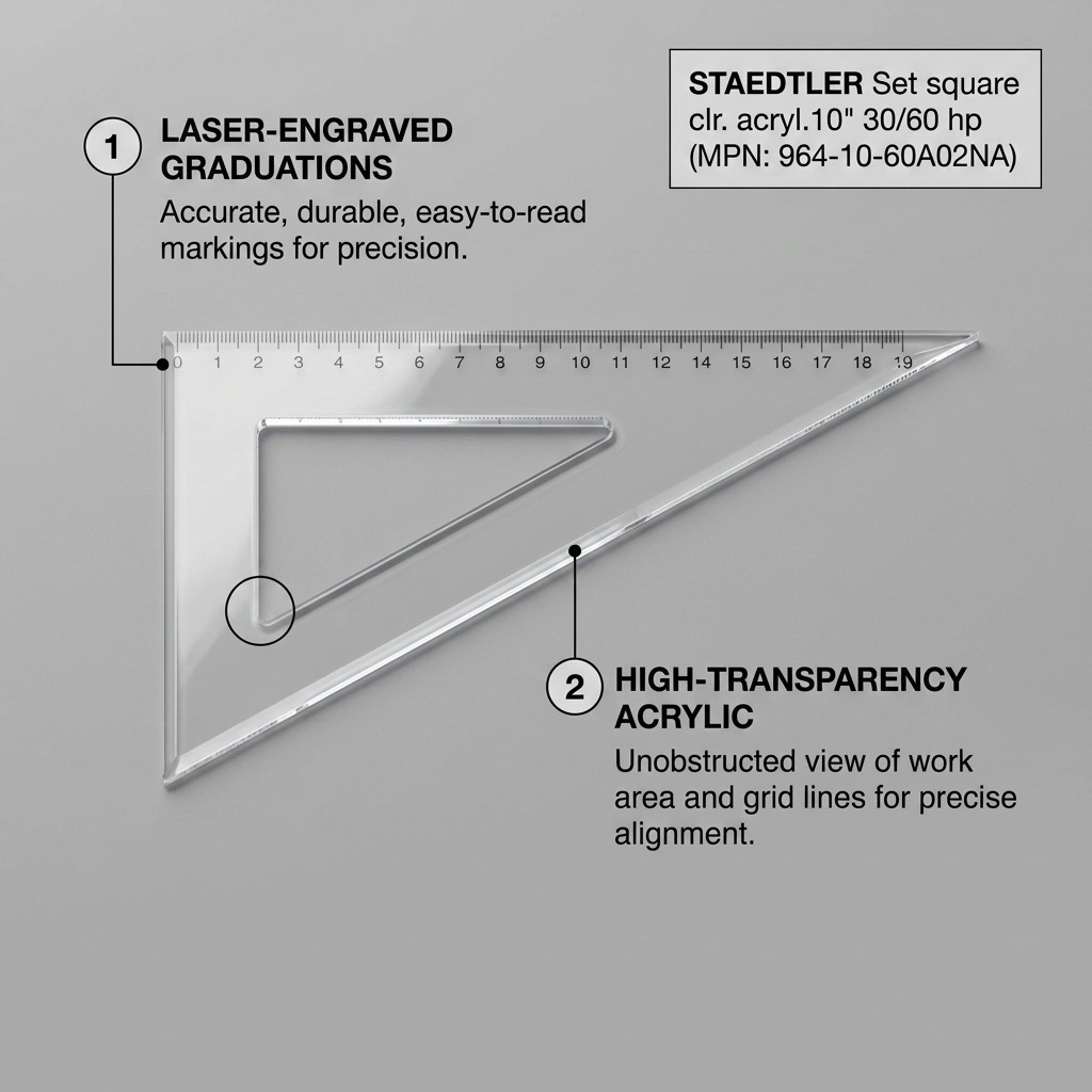 STAEDTLER – Équerre transparente 10 po, 30°/60°, réf. 964-10-60A02NA — caractéristiques illustrées