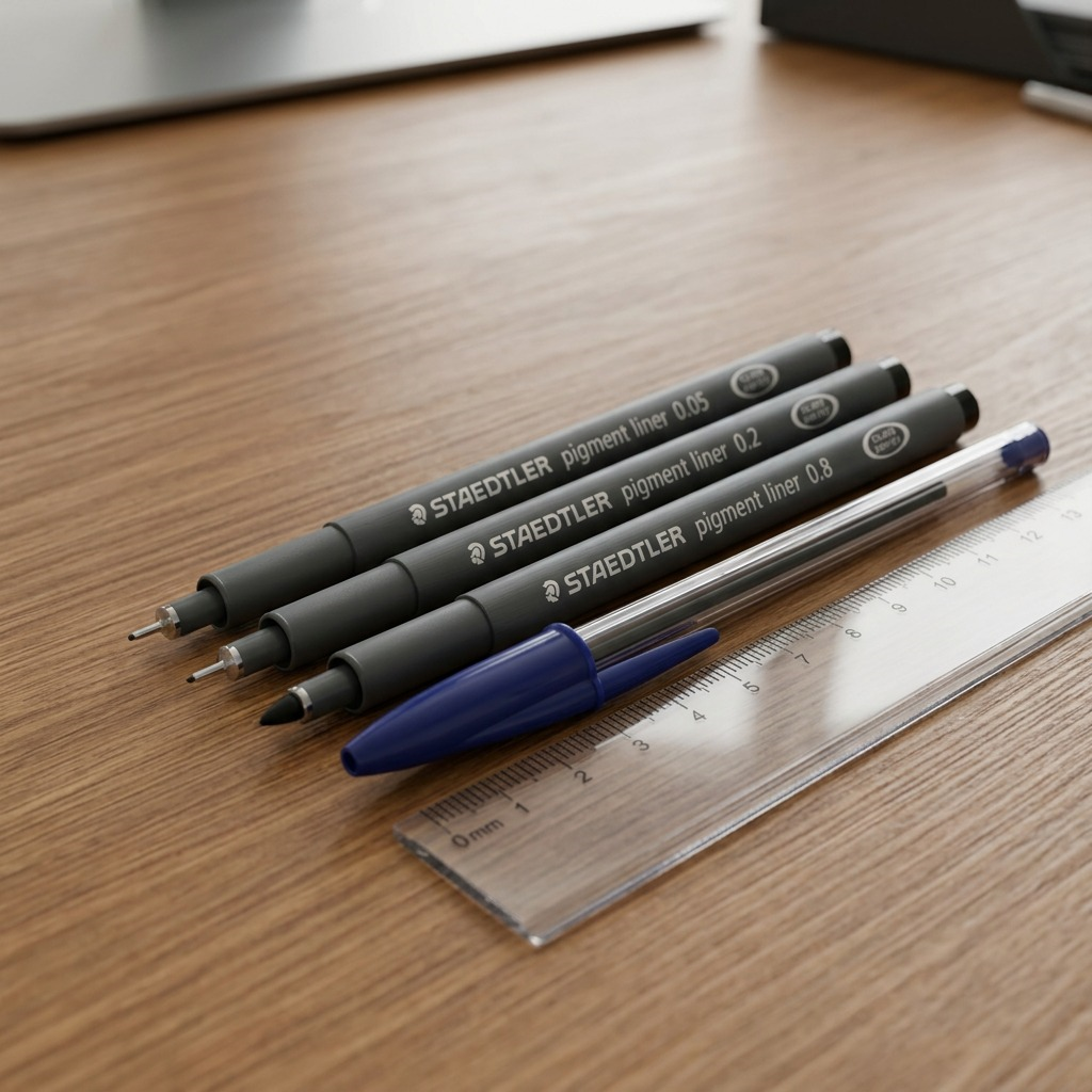 A pack of three black STAEDTLER Pigment Liner pens with different line widths (0.05mm, 0.2mm, 0.8mm) in their original blister packaging, centered against a pure white background with realistic lighting and a soft shadow.