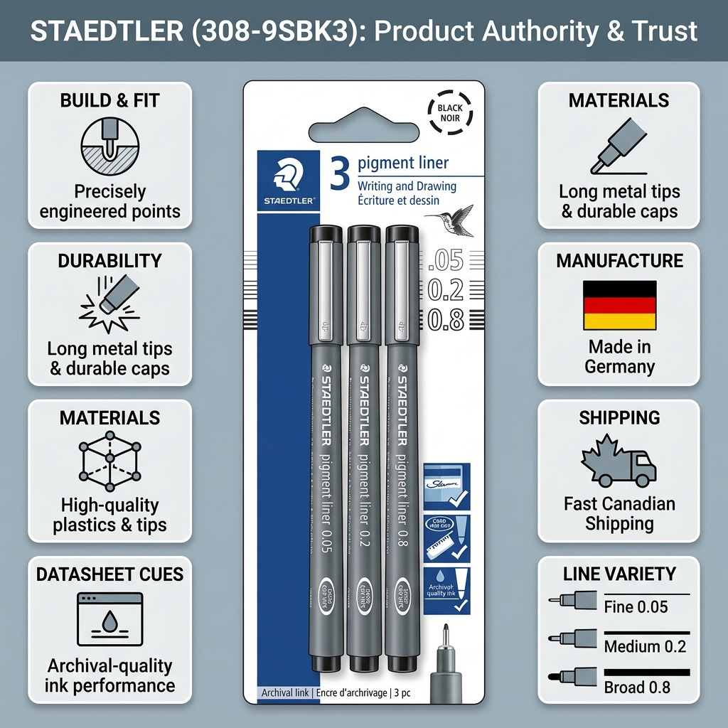 STAEDTLER Pigment Liner – 3 fineliners noirs à pointes assorties, réf. 308-9SBK3 — vue du produit 8