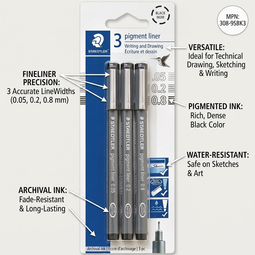 STAEDTLER Pigment Liner – 3 fineliners noirs à pointes assorties, réf. 308-9SBK3 — vue du produit sur fond clair