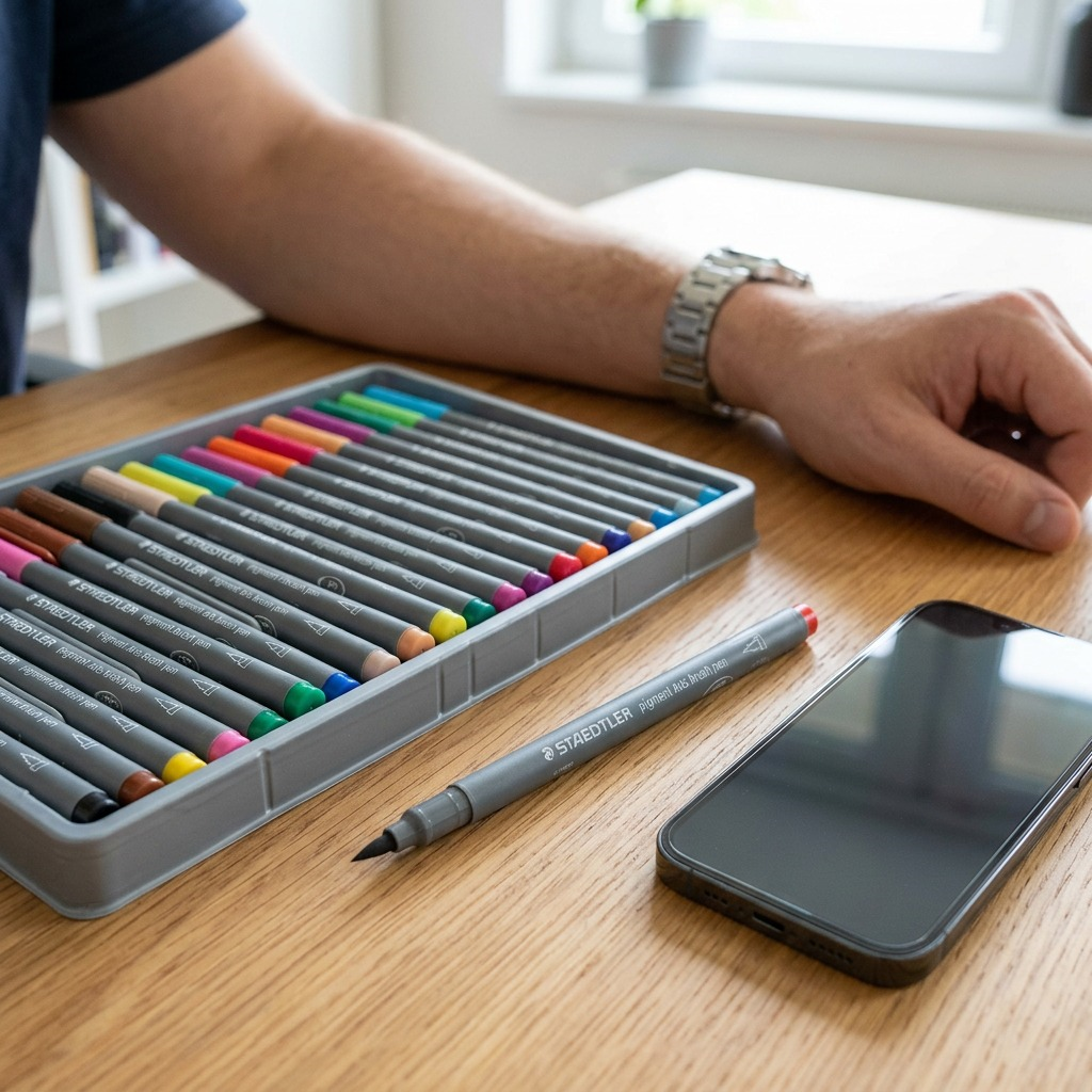 A set of three high-resolution images: the full 36-pen collection, a focused overview of tips and color range, and a macro shot highlighting the brush and fineliner options.