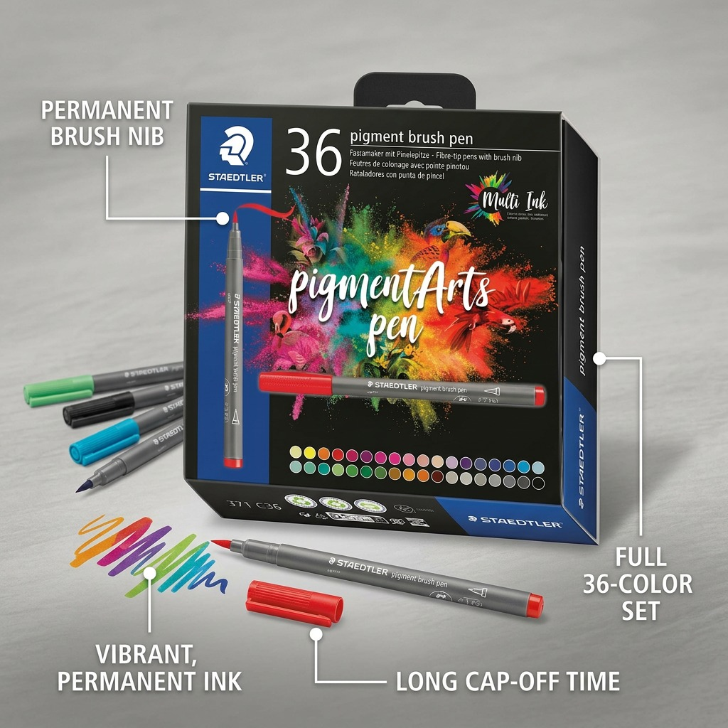 STAEDTLER Pigment Arts Brush – Lot de 36 marqueurs pinceaux, réf. 371-C36-10-35 — présentation des caractéristiques
