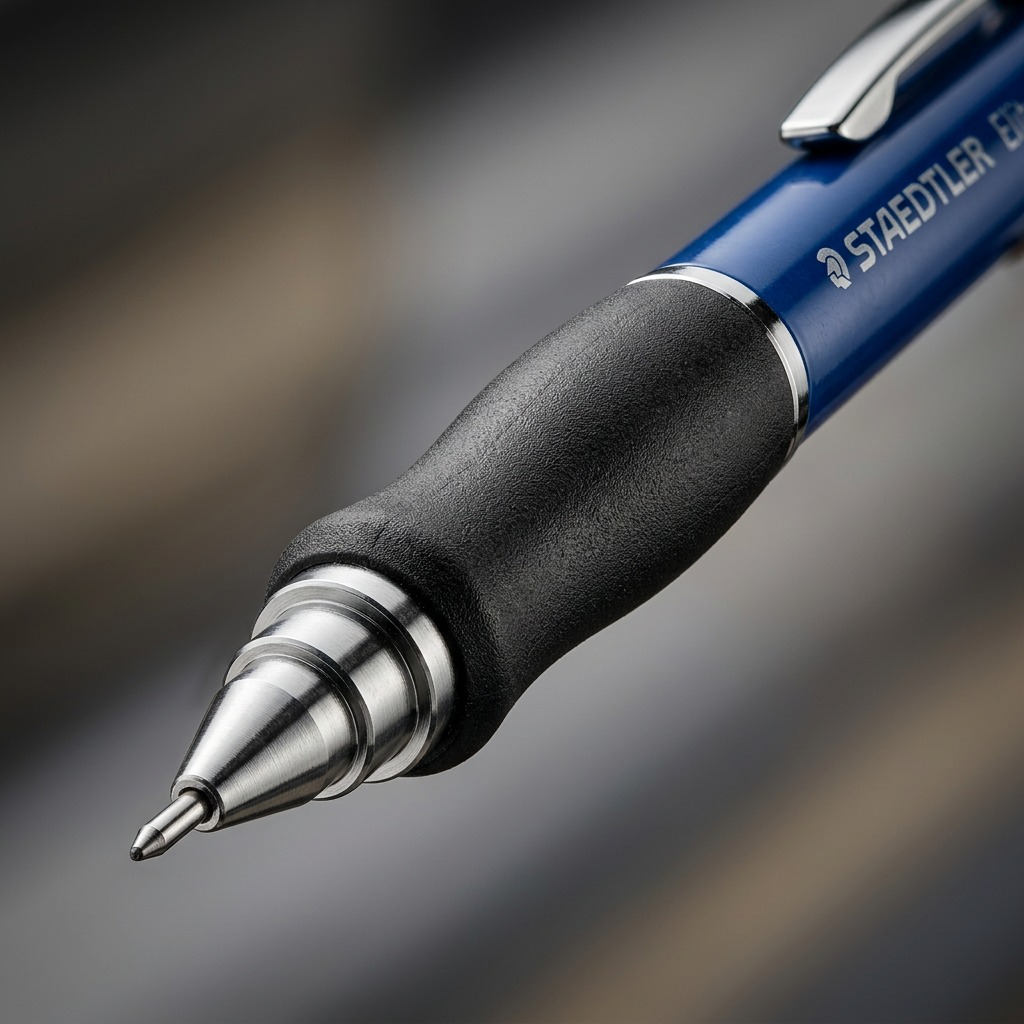 STAEDTLER Elite 0.5mmMechanical Pencil, black grip and blue barrel, pure white background.
