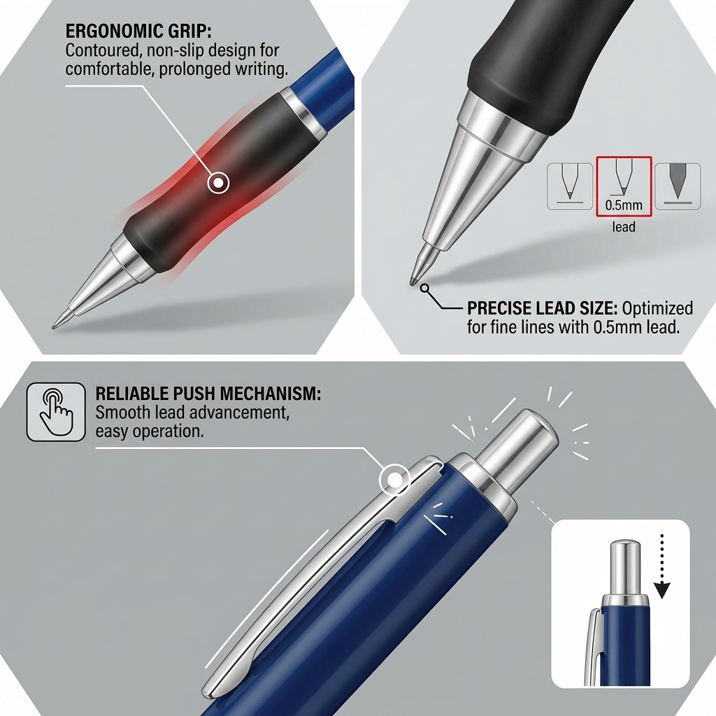 STAEDTLER Elite – Porte-mine 0,5 mm avec recharge, réf. 9705S-BK-03NA — caractéristiques illustrées