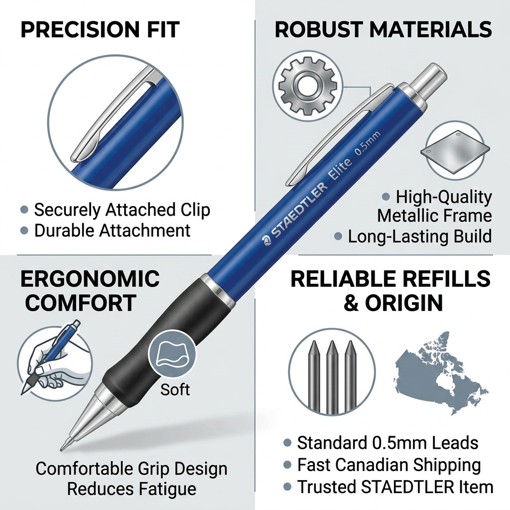 STAEDTLER Elite – Porte-mine 0,5 mm avec recharge, réf. 9705S-BK-03NA — caractéristiques illustrées