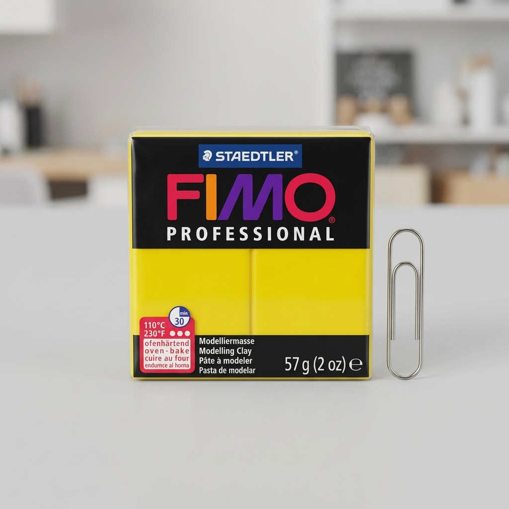 A 3/4 front view of a pure yellow-green block of STAEDTLER FIMO Professional polymer clay (57g or 2 oz), showing its smooth texture and square shape against a pure white background.