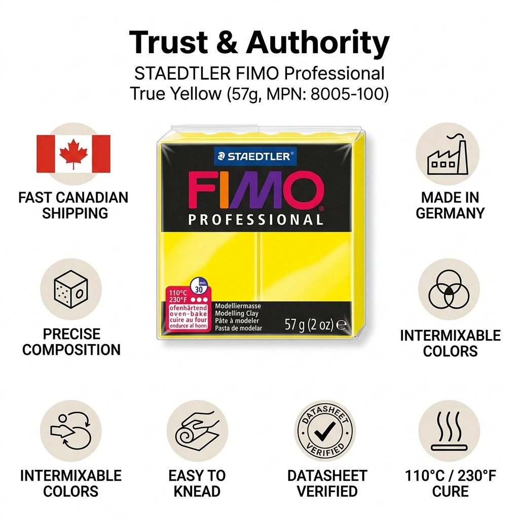 FIMO Professional – Pâte jaune pur 57 g, réf. 8005-100 — caractéristiques illustrées