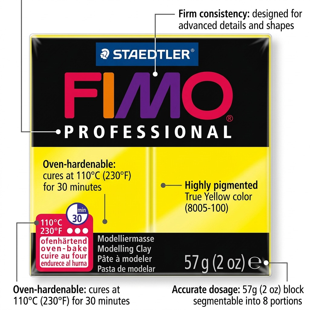 FIMO Professional – Pâte jaune pur 57 g, réf. 8005-100 — caractéristiques illustrées
