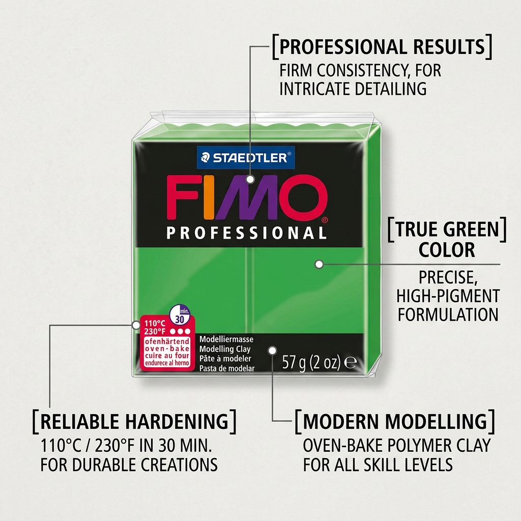 FIMO Professional – Pâte vert pur 57 g, réf. 8005-500 — caractéristiques illustrées