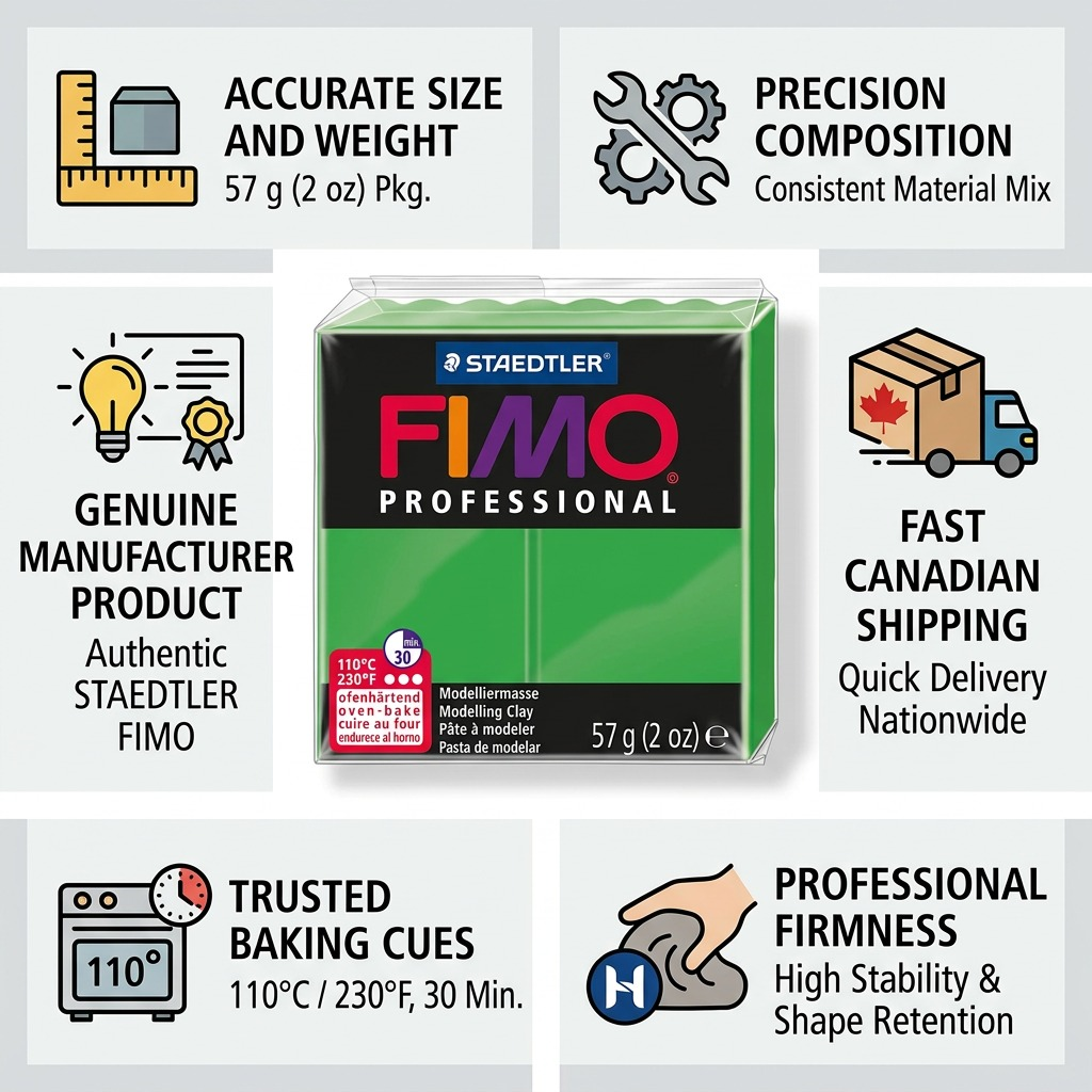 FIMO Professional – Pâte vert pur 57 g, réf. 8005-500 — caractéristiques illustrées