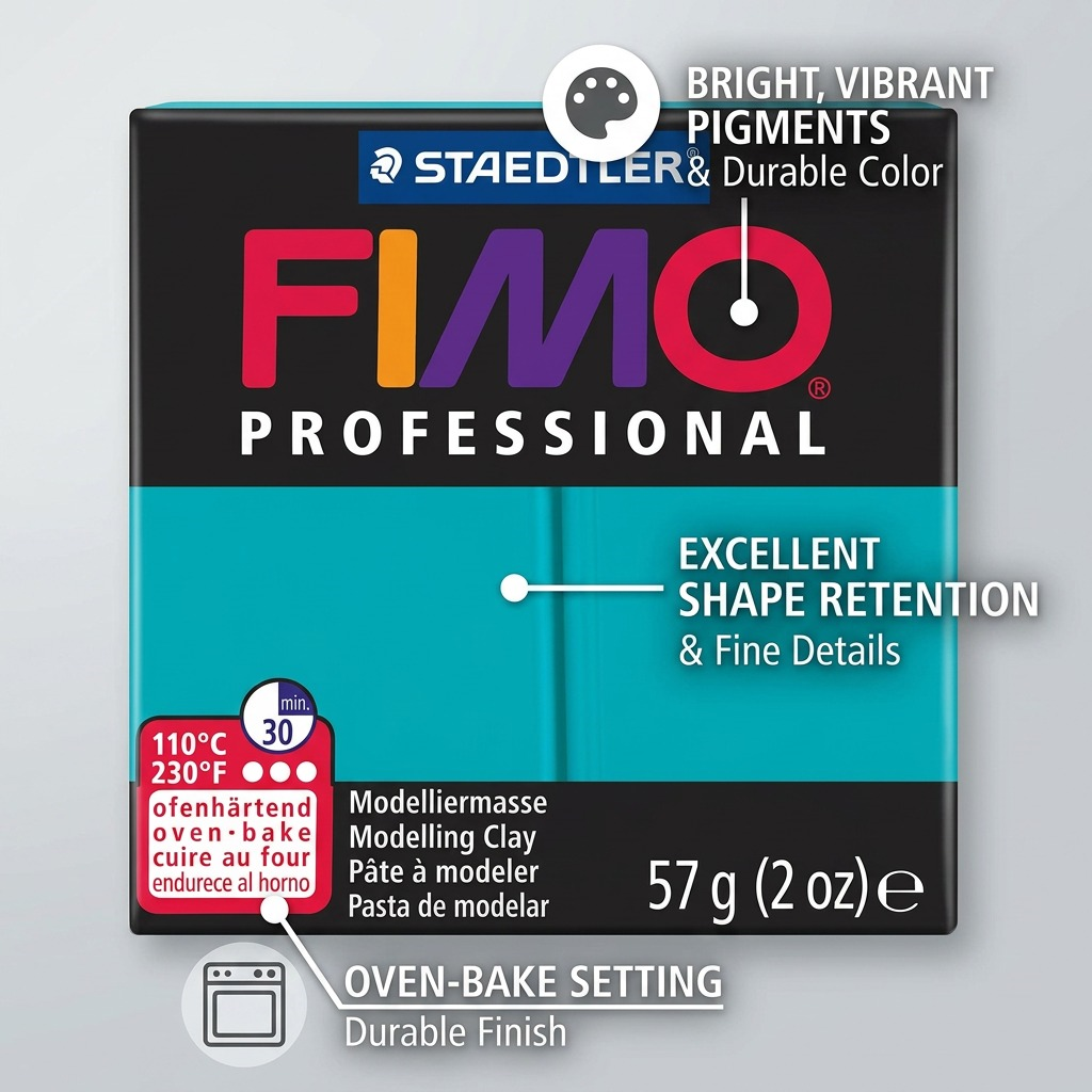 FIMO Professional – Pâte turquoise 57 g, réf. 8005-32 — caractéristiques illustrées