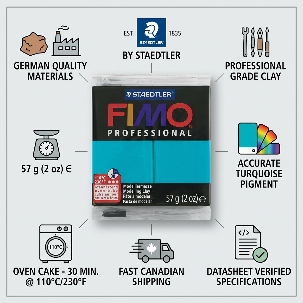 FIMO Professional – Pâte turquoise 57 g, réf. 8005-32 — caractéristiques illustrées
