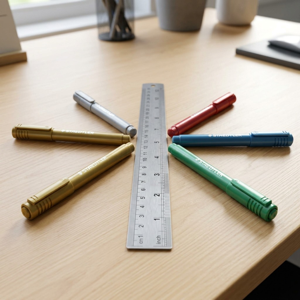 STAEDTLER metallic fibre-tip marker five-color set without packaging, grouped upright, on a white background.