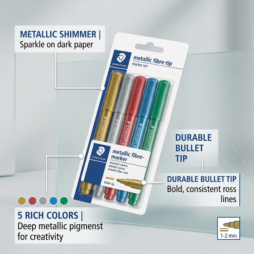 STAEDTLER – Lot de 5 marqueurs métal, réf. 8323TB5A6 — caractéristiques illustrées
