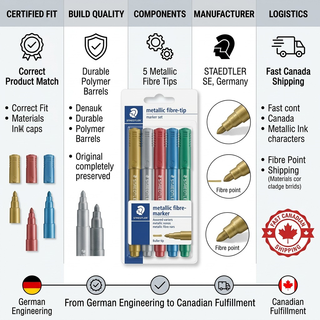 STAEDTLER – Lot de 5 marqueurs métal, réf. 8323TB5A6 — caractéristiques illustrées