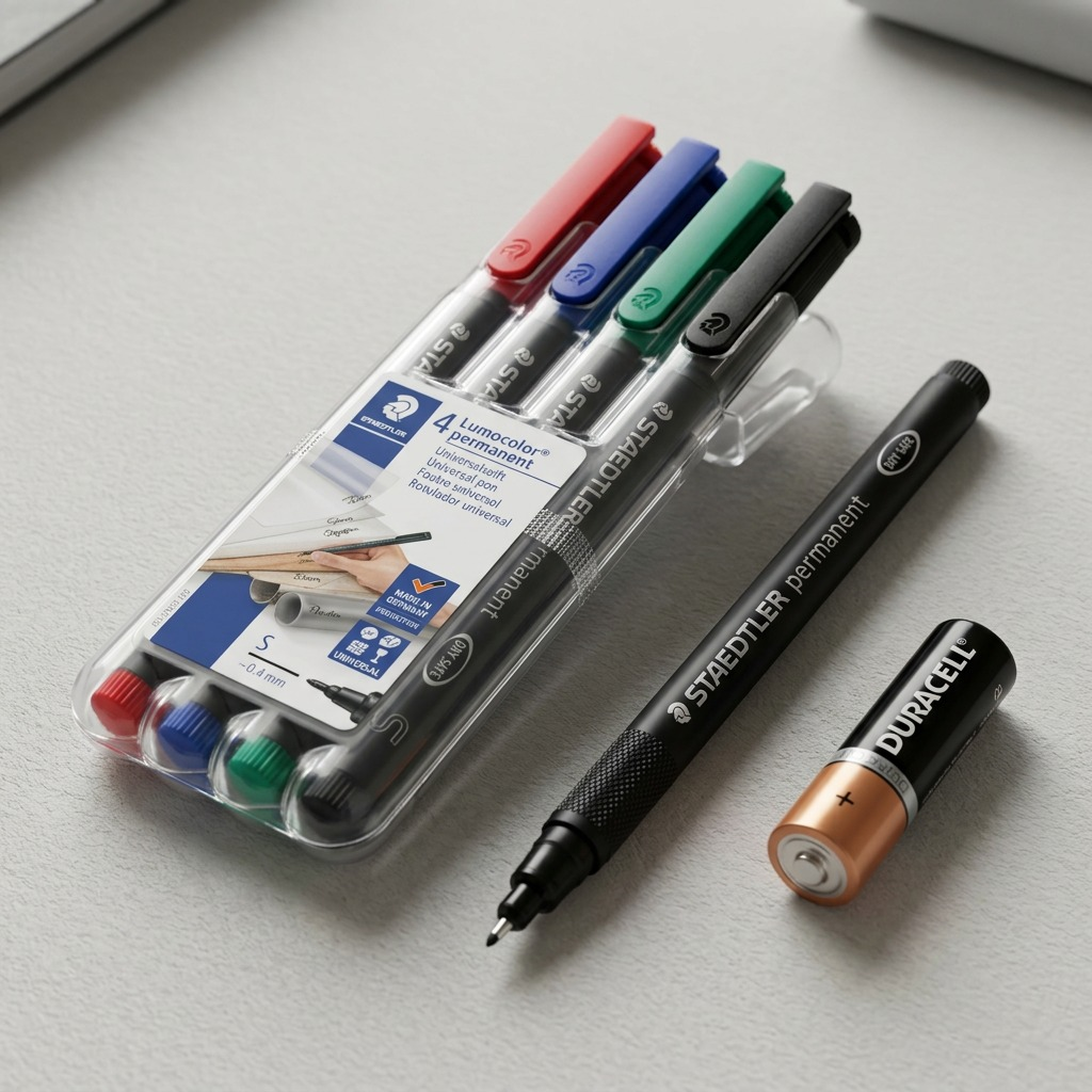 A cascading set of 4 Staedtler Lumocolor permanent markers (S tip) on a pure white background.