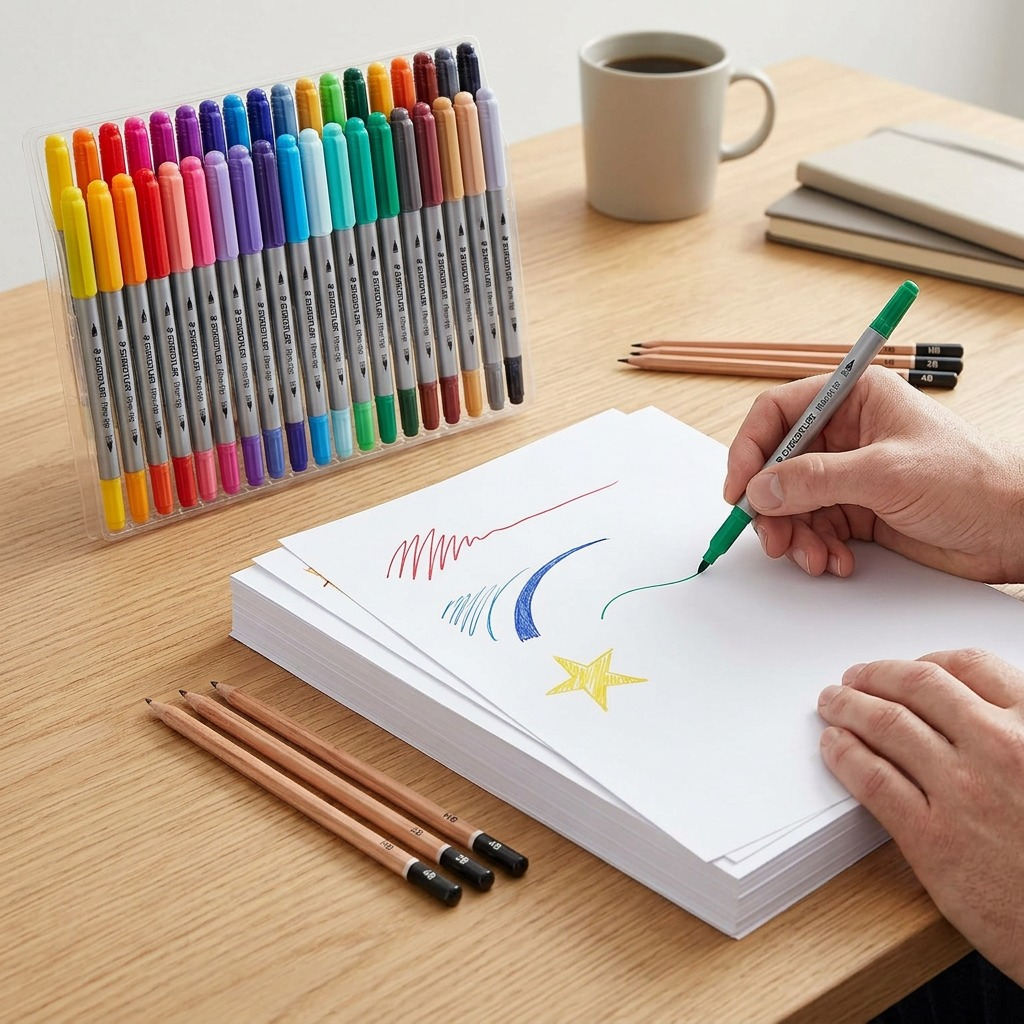 A high-resolution, centered view of the STAEDTLER Double-Ended Fibre-Tip Pens from the 72-pack, displaying their full length.