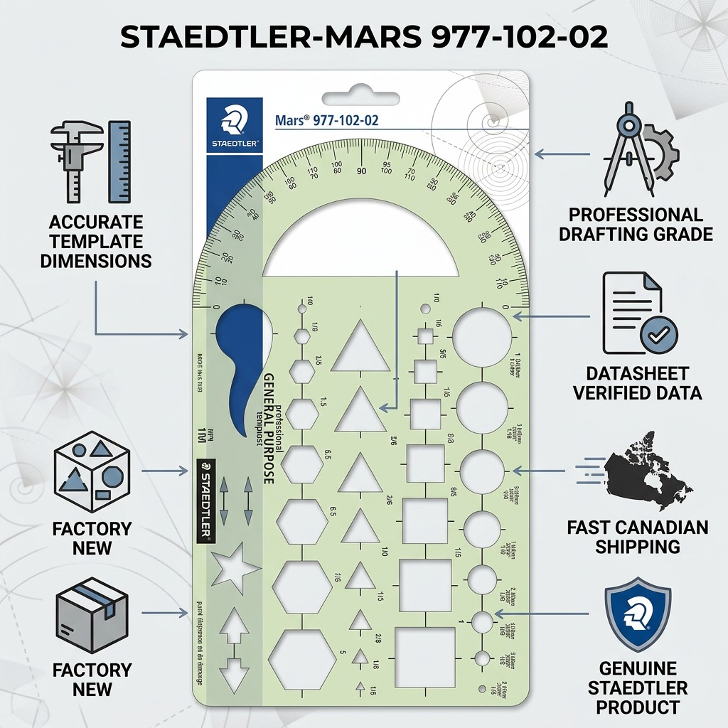 STAEDTLER – Gabarit de traçage multifonction, réf. 977-102-02 — caractéristiques illustrées