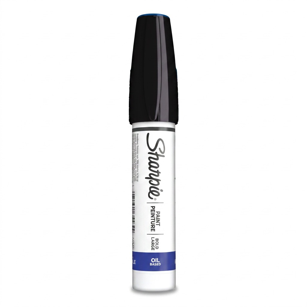 Sharpie Oil-Based Paint Marker with bold point in black, featuring a white barrel and black cap.